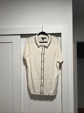 Fren Connection Cream Short-Sleeve Button Front Knit Top with Black Trim